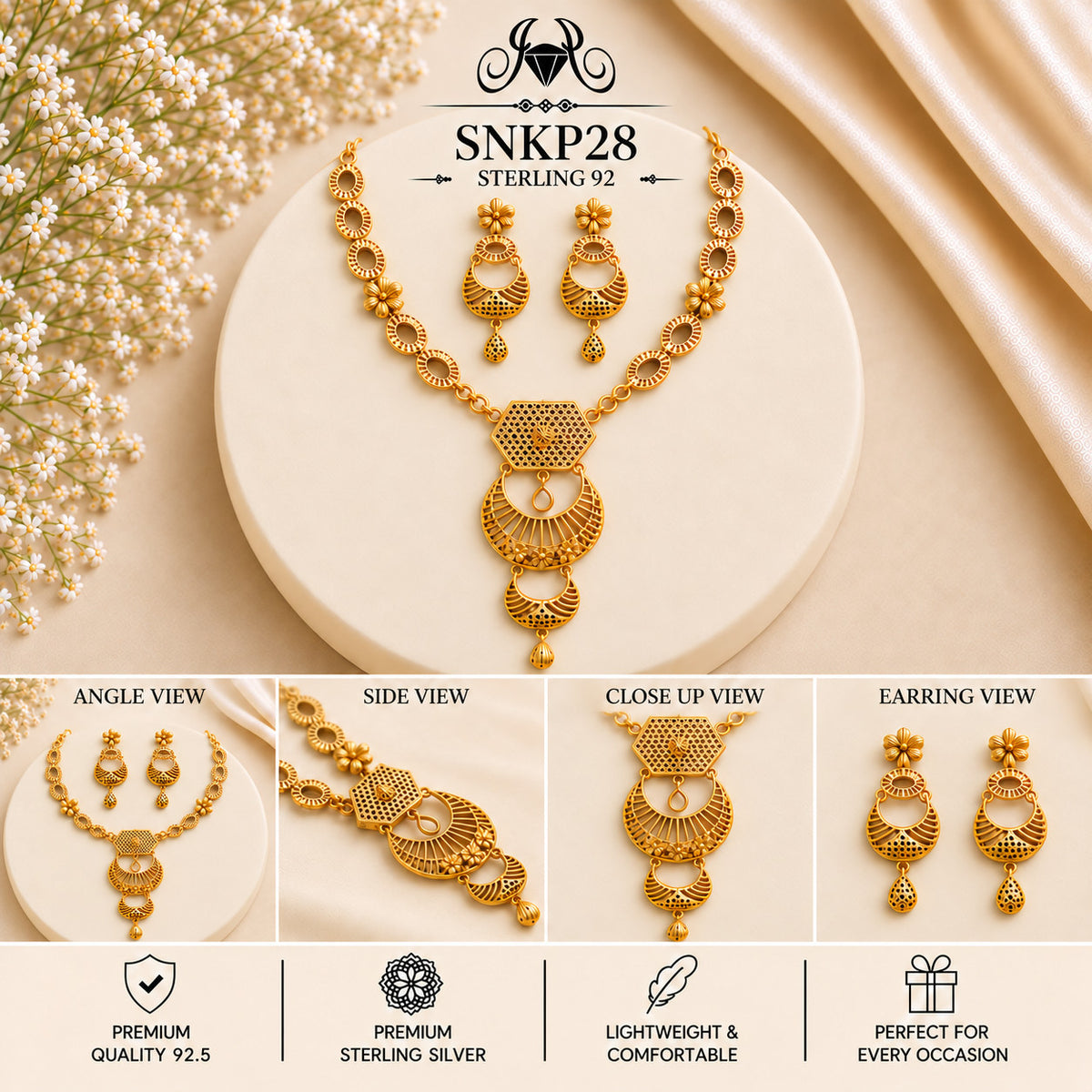 SNKP28 gold polish 92.5 sterling silver necklace set - collage view