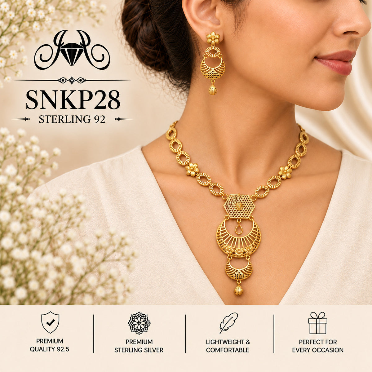 SNKP28 gold polish 92.5 sterling silver necklace set - wearing view