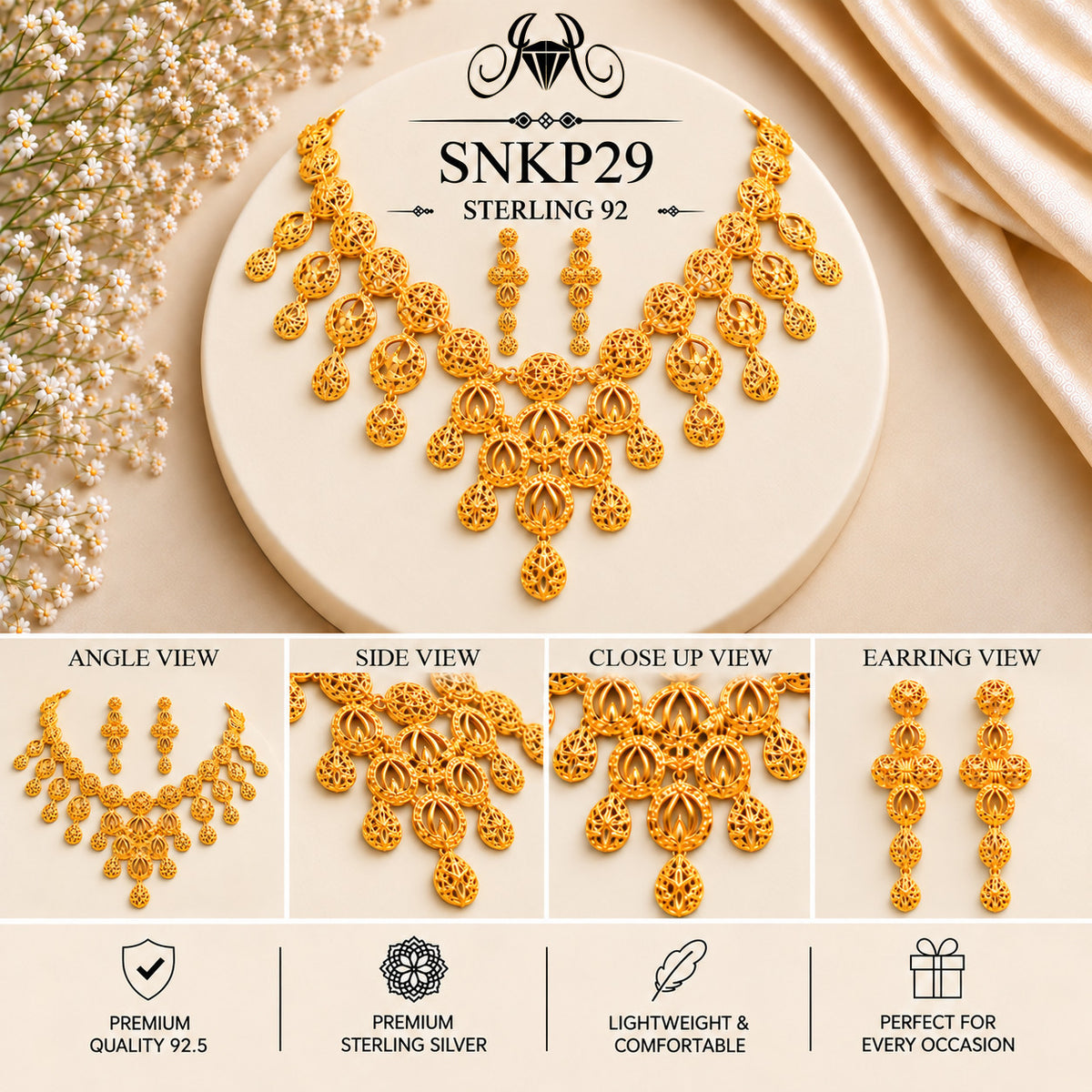 SNKP29 gold polish 92.5 sterling silver necklace set - collage view