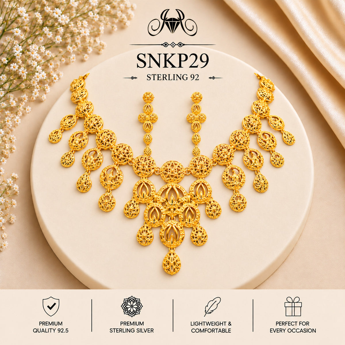 SNKP29 gold polish 92.5 sterling silver necklace set - portrait view