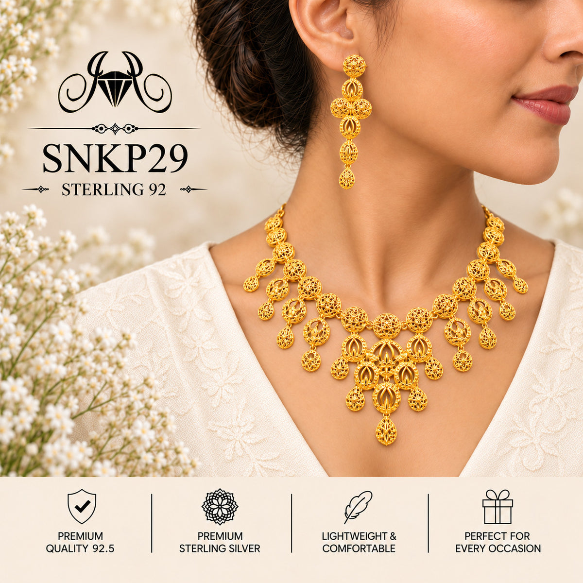SNKP29 gold polish 92.5 sterling silver necklace set - wearing view