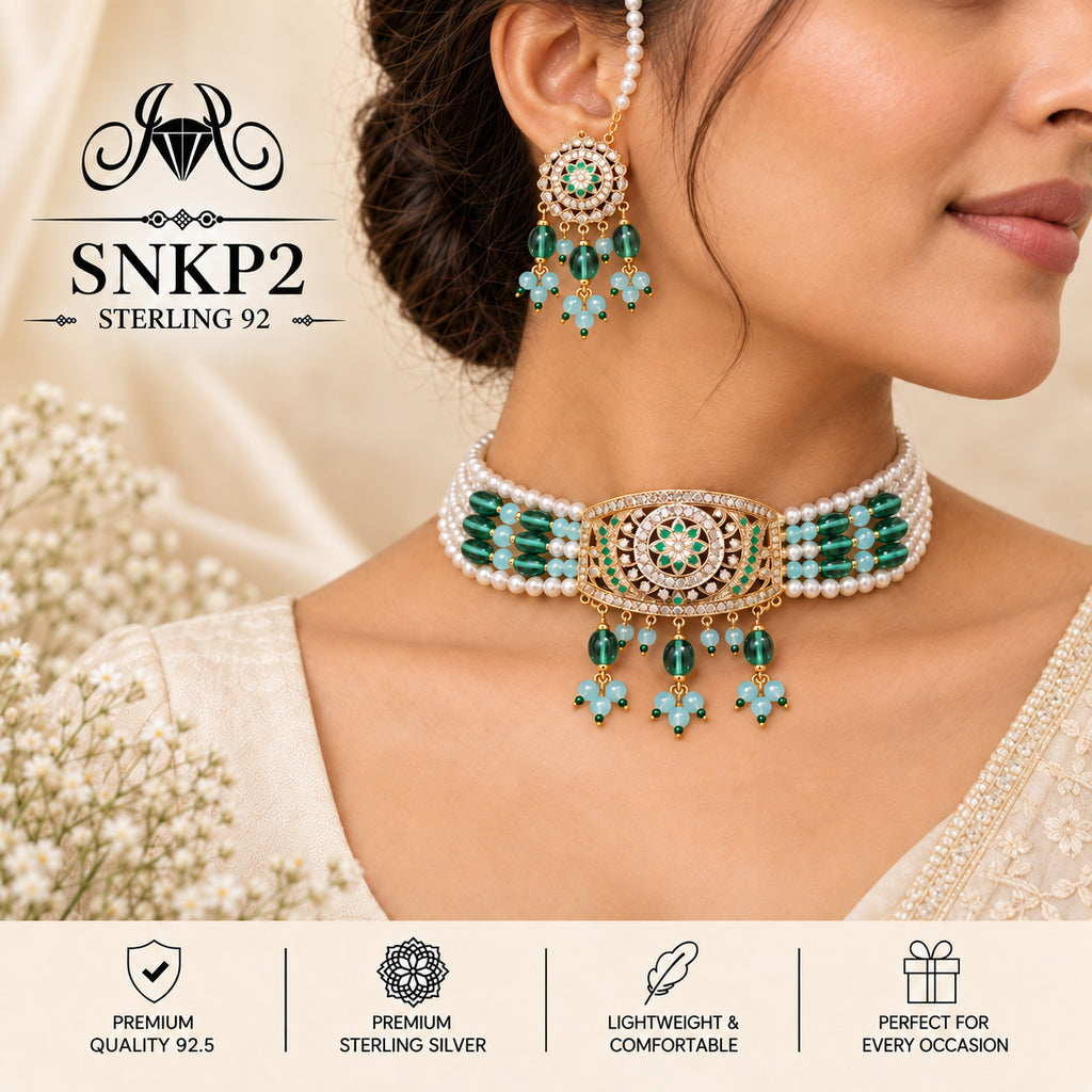 SNKP2 gold polish 92.5 sterling silver necklace set - wearing view