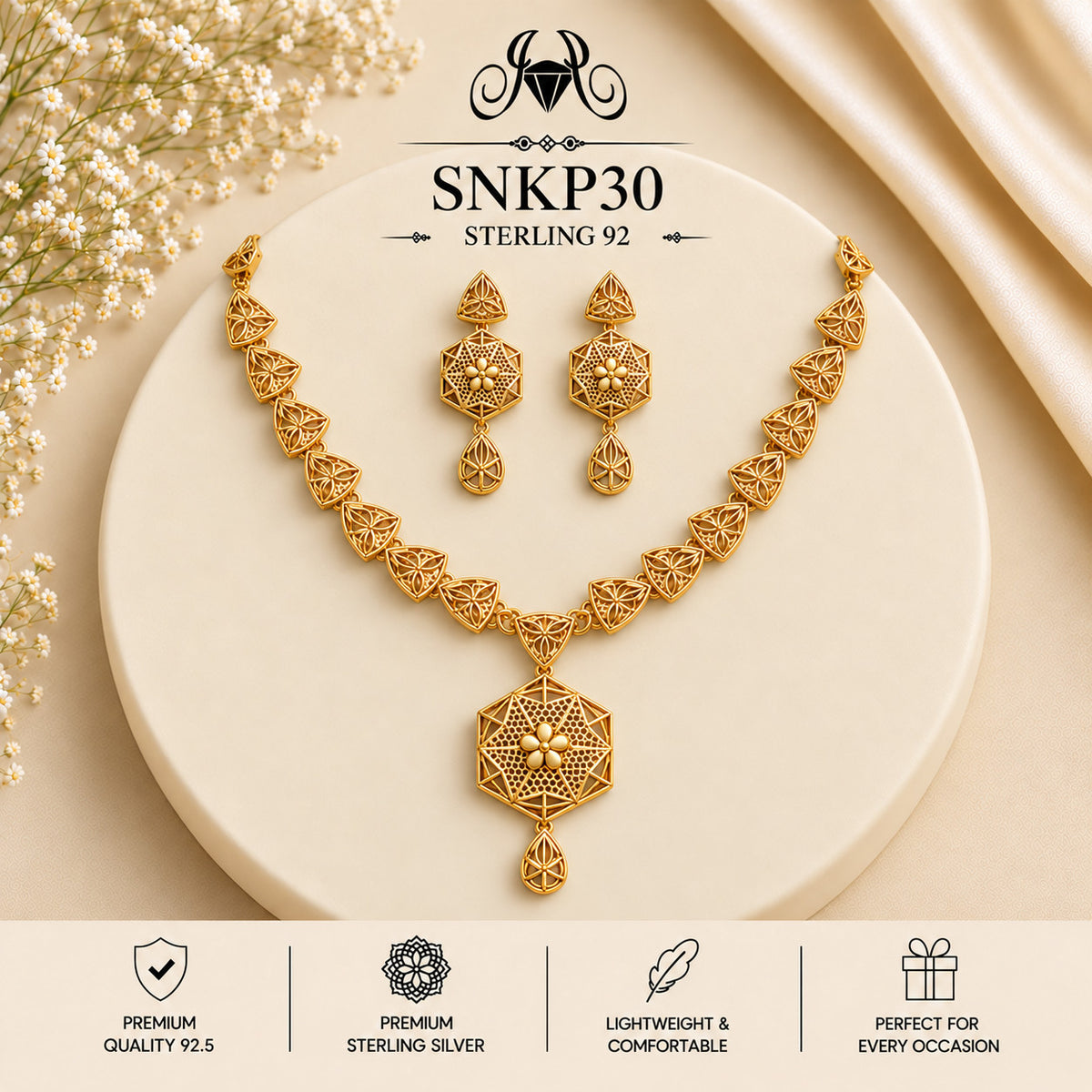 SNKP30 gold polish 92.5 sterling silver necklace set - portrait view