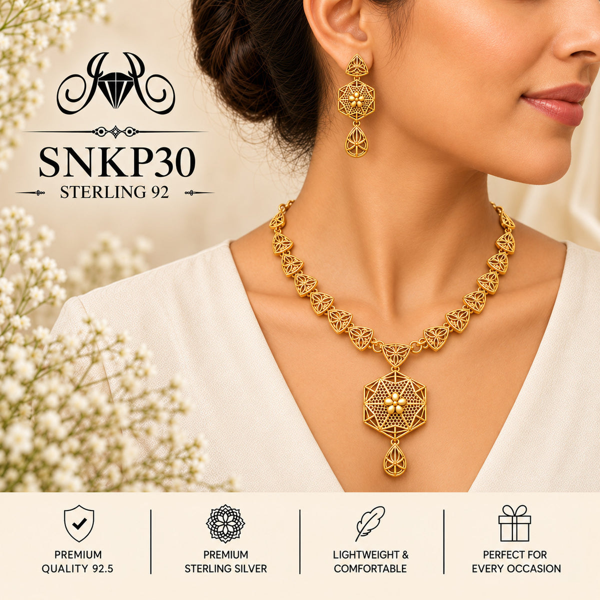 SNKP30 gold polish 92.5 sterling silver necklace set - wearing view