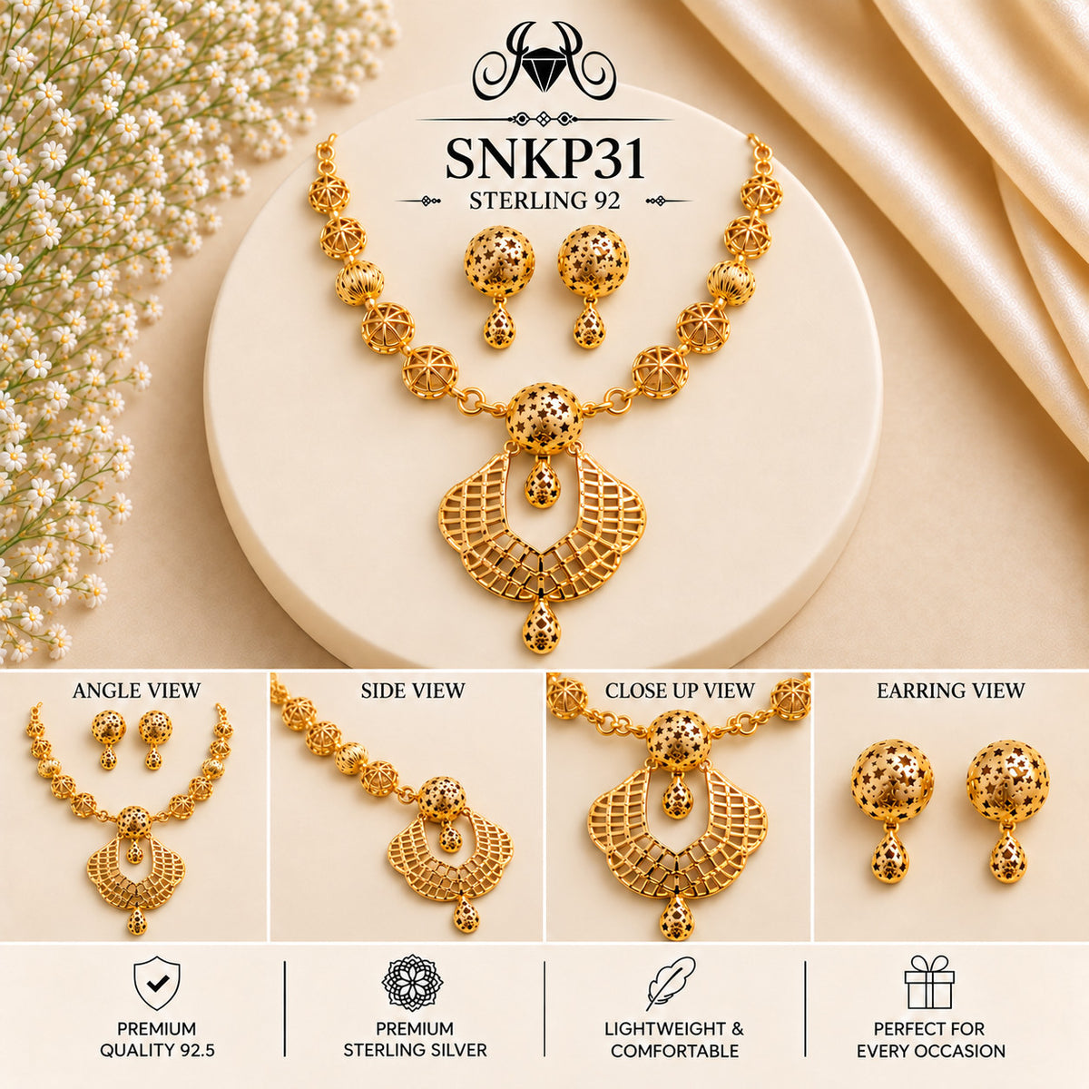 SNKP31 gold polish 92.5 sterling silver necklace set - collage view