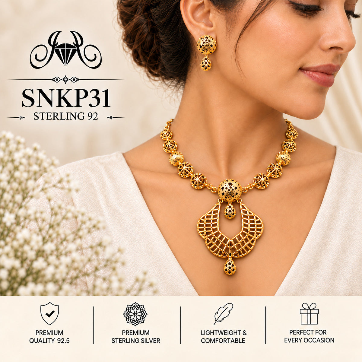 SNKP31 gold polish 92.5 sterling silver necklace set - wearing view