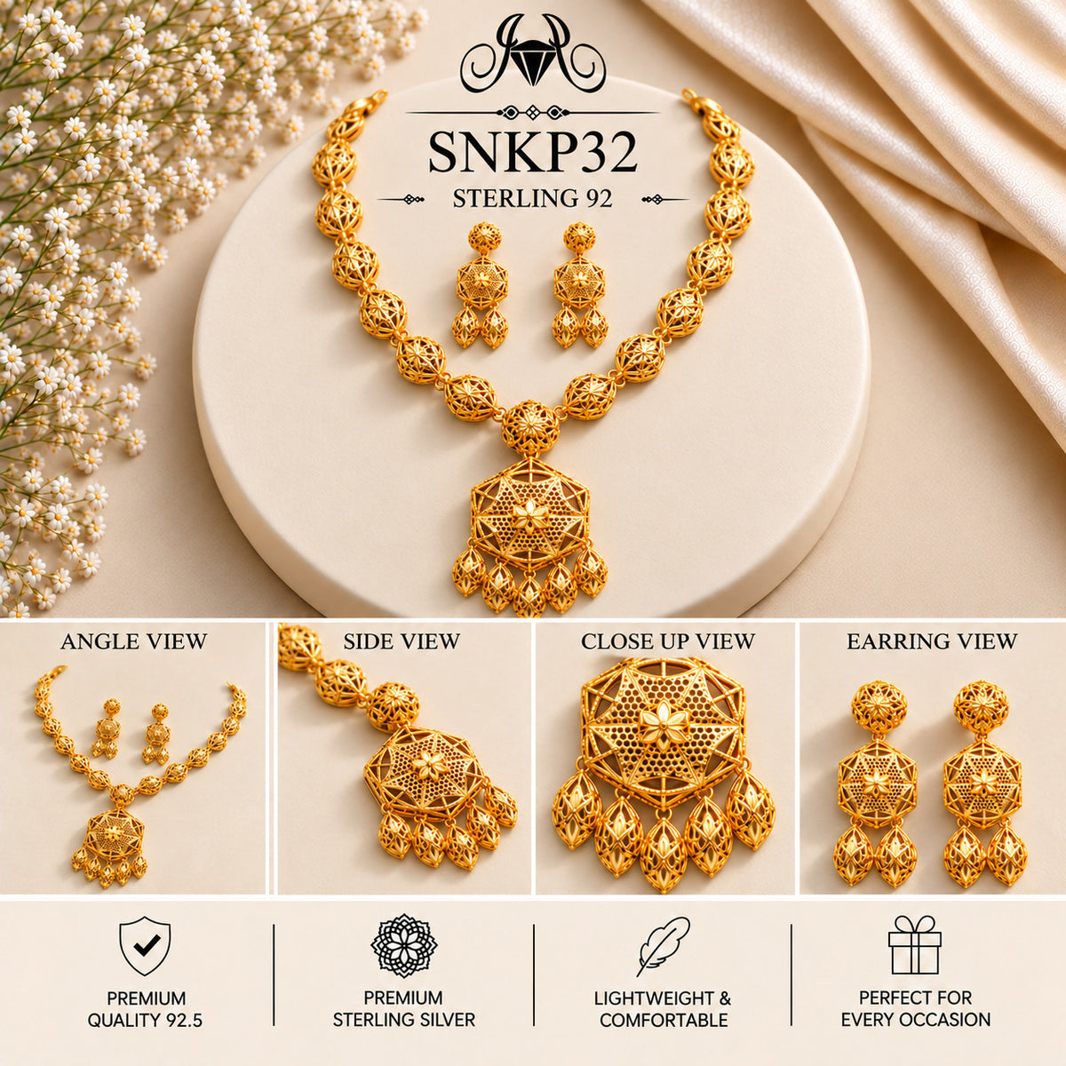 SNKP32 gold polish 92.5 sterling silver necklace set - collage view