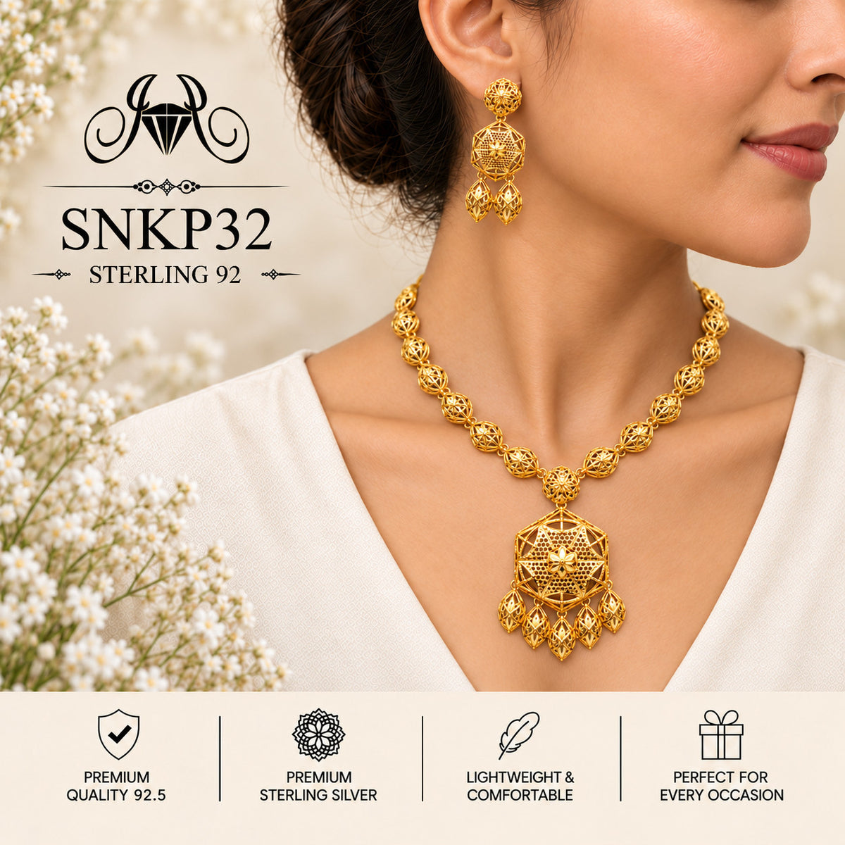 SNKP32 gold polish 92.5 sterling silver necklace set - wearing view