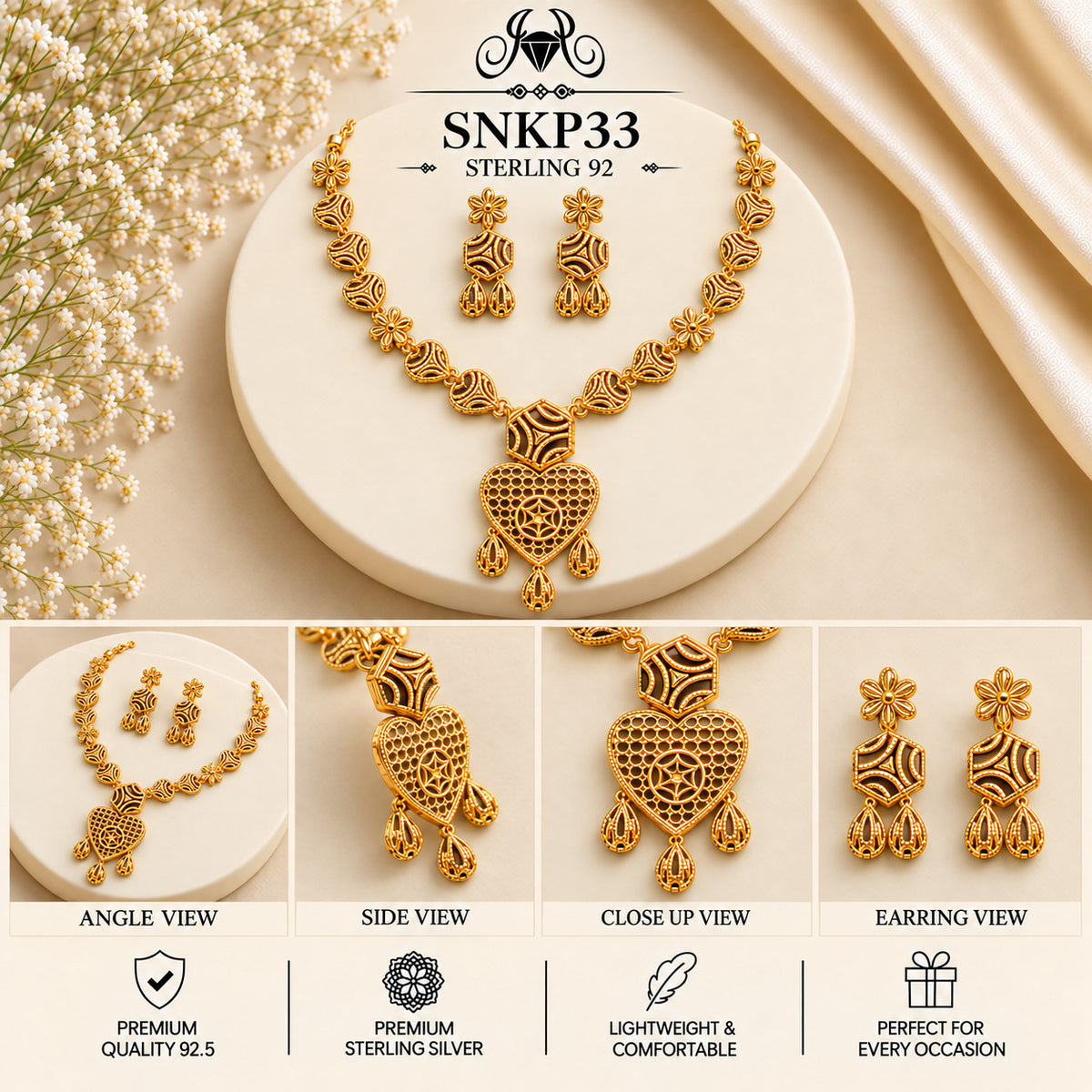 SNKP33 gold polish 92.5 sterling silver necklace set - collage view