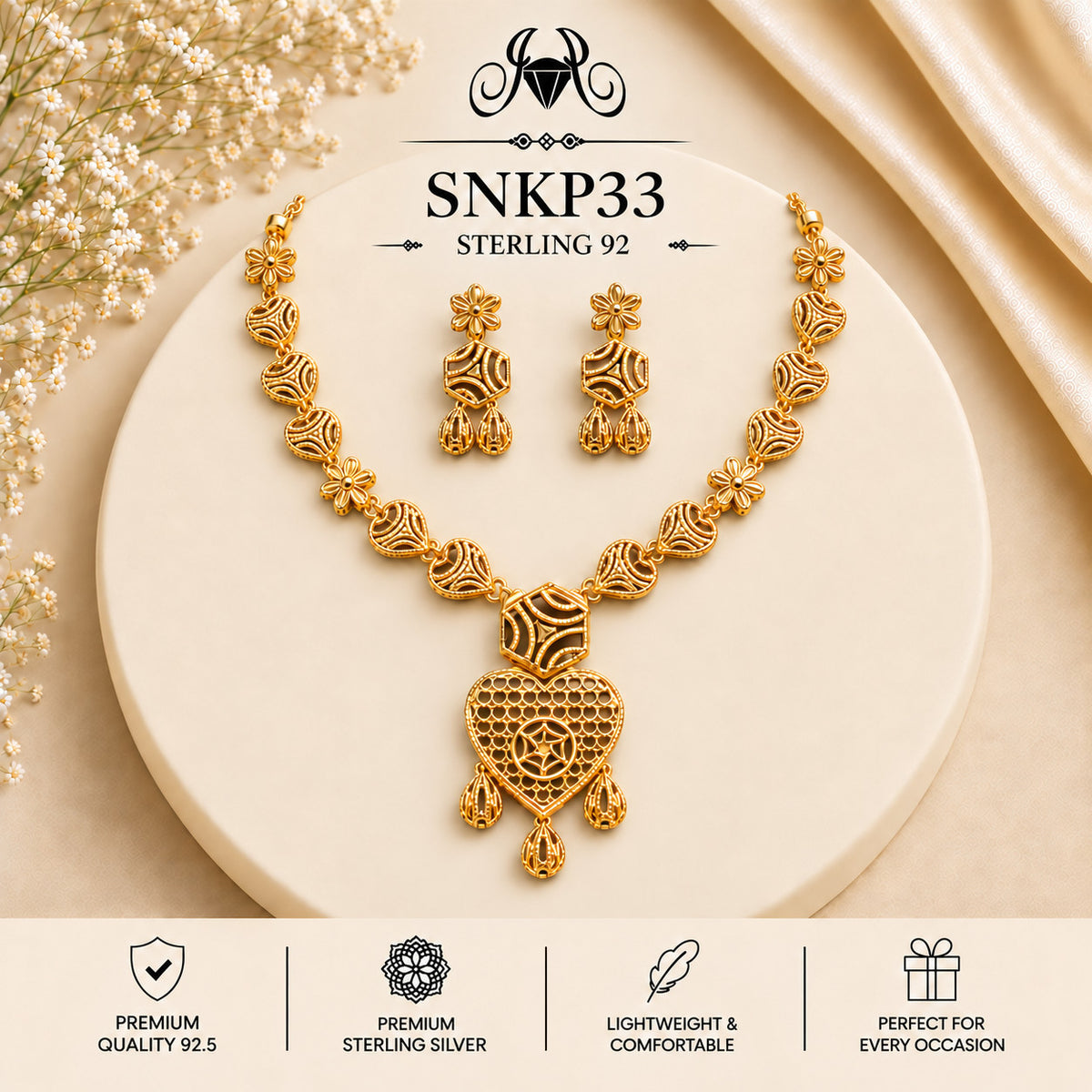 SNKP33 gold polish 92.5 sterling silver necklace set - portrait view