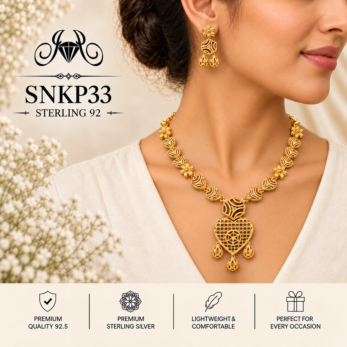 SNKP33 gold polish 92.5 sterling silver necklace set - wearing view