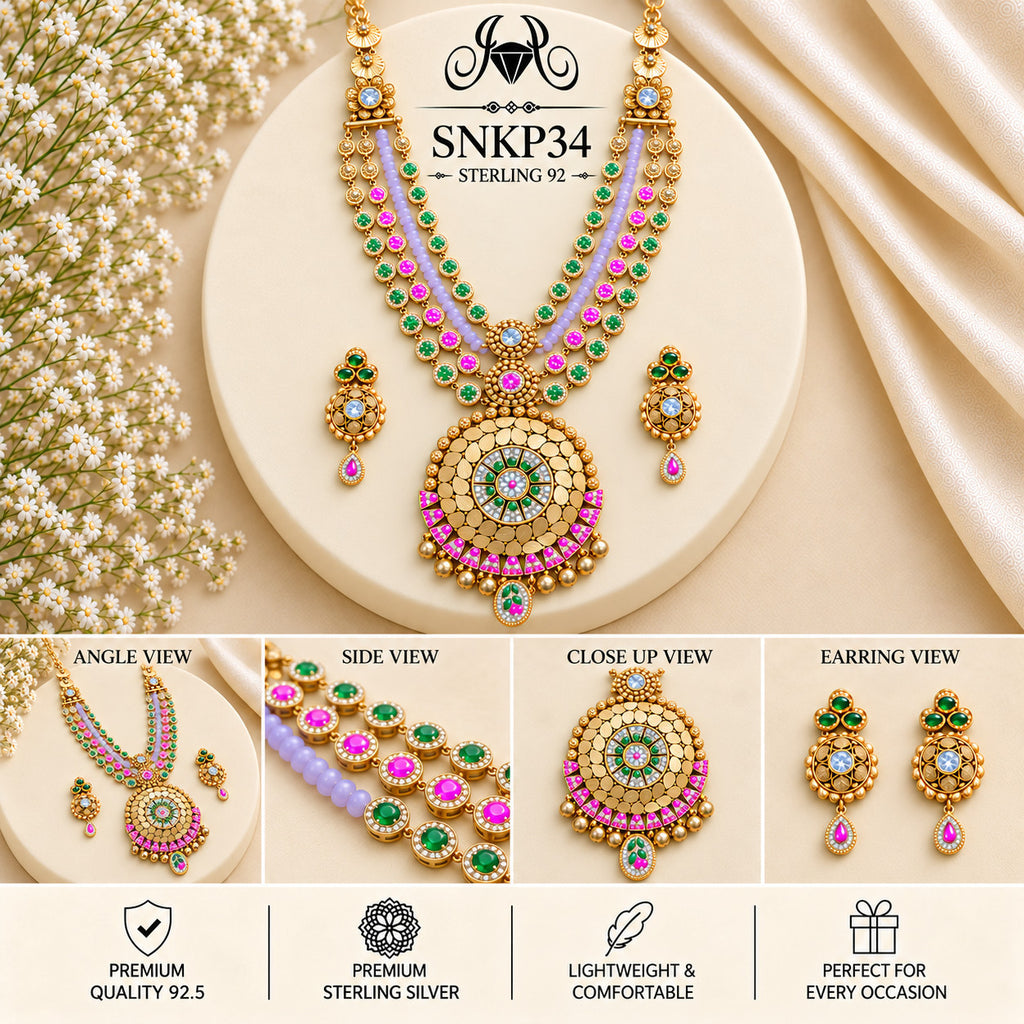 SNKP34 gold polish 92.5 sterling silver necklace set - collage view