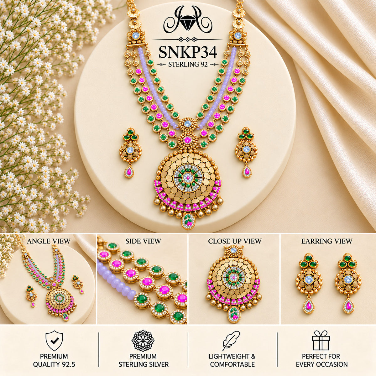 SNKP34 gold polish 92.5 sterling silver necklace set - collage view
