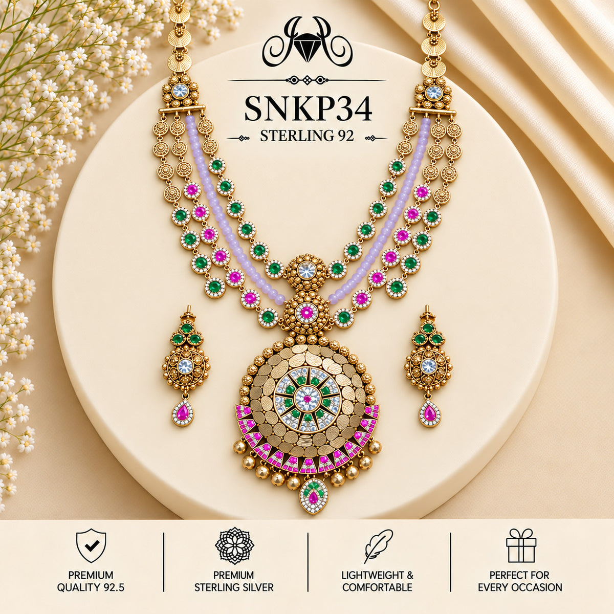 SNKP34 gold polish 92.5 sterling silver necklace set - portrait view
