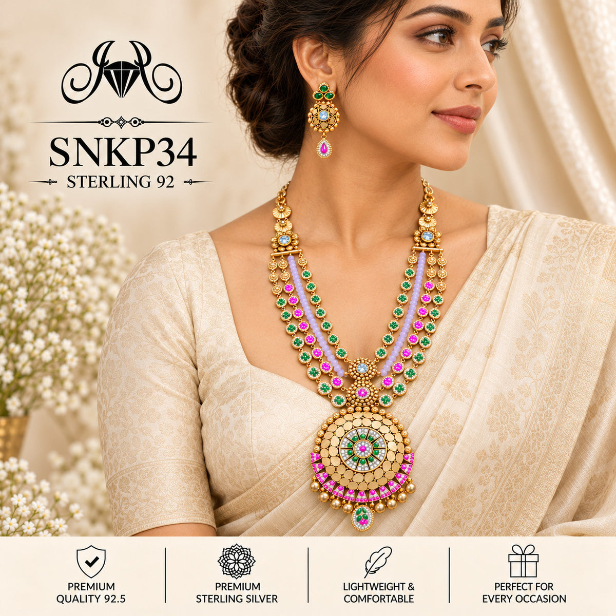 SNKP34 gold polish 92.5 sterling silver necklace set - wearing view