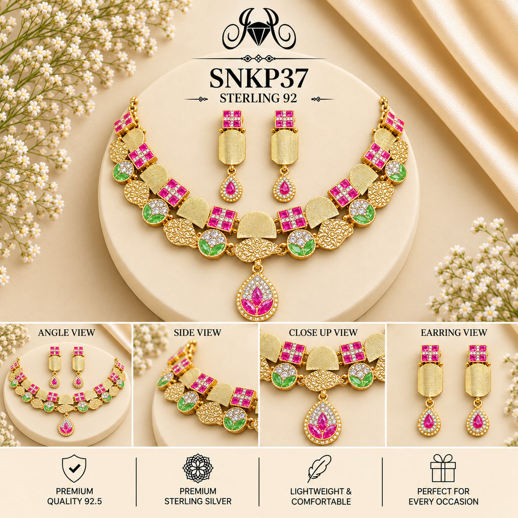 SNKP37 gold polish 92.5 sterling silver necklace set - collage view