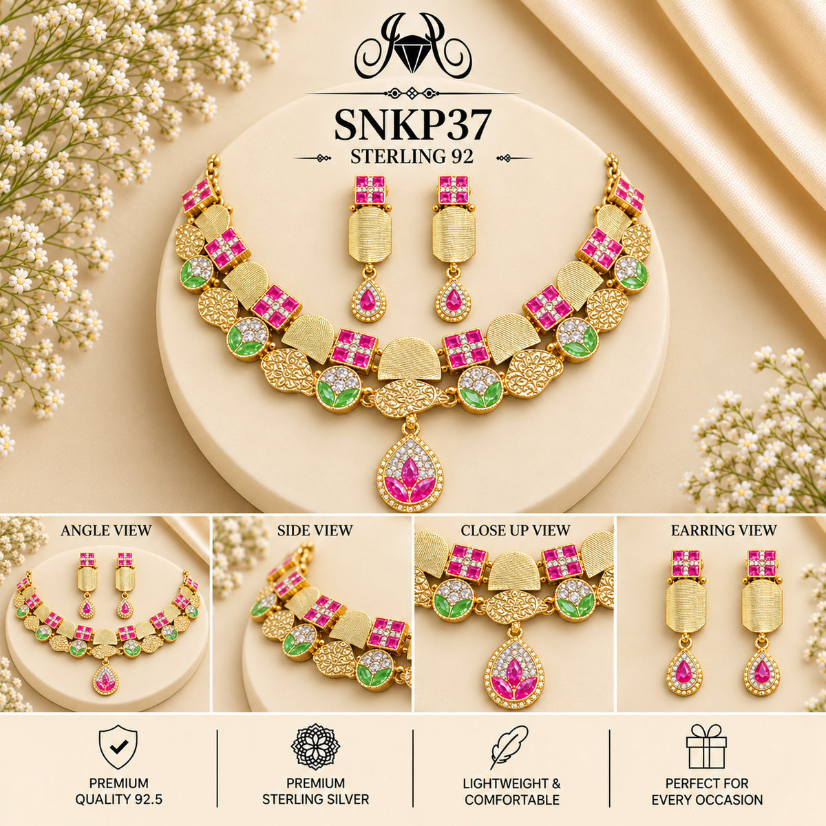 SNKP37 gold polish 92.5 sterling silver necklace set - collage view