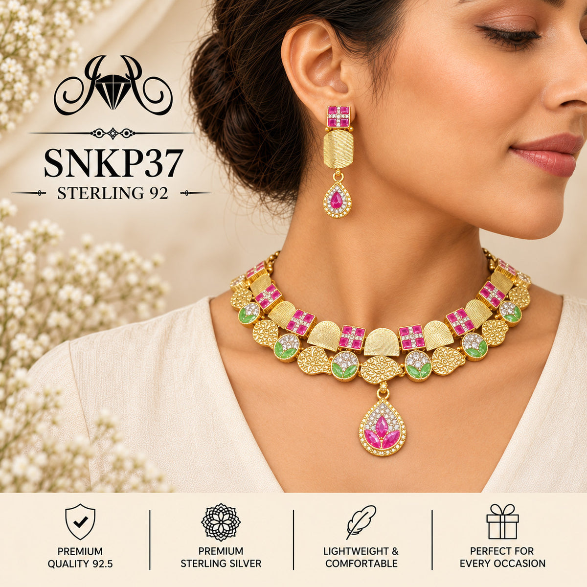 SNKP37 gold polish 92.5 sterling silver necklace set - wearing view