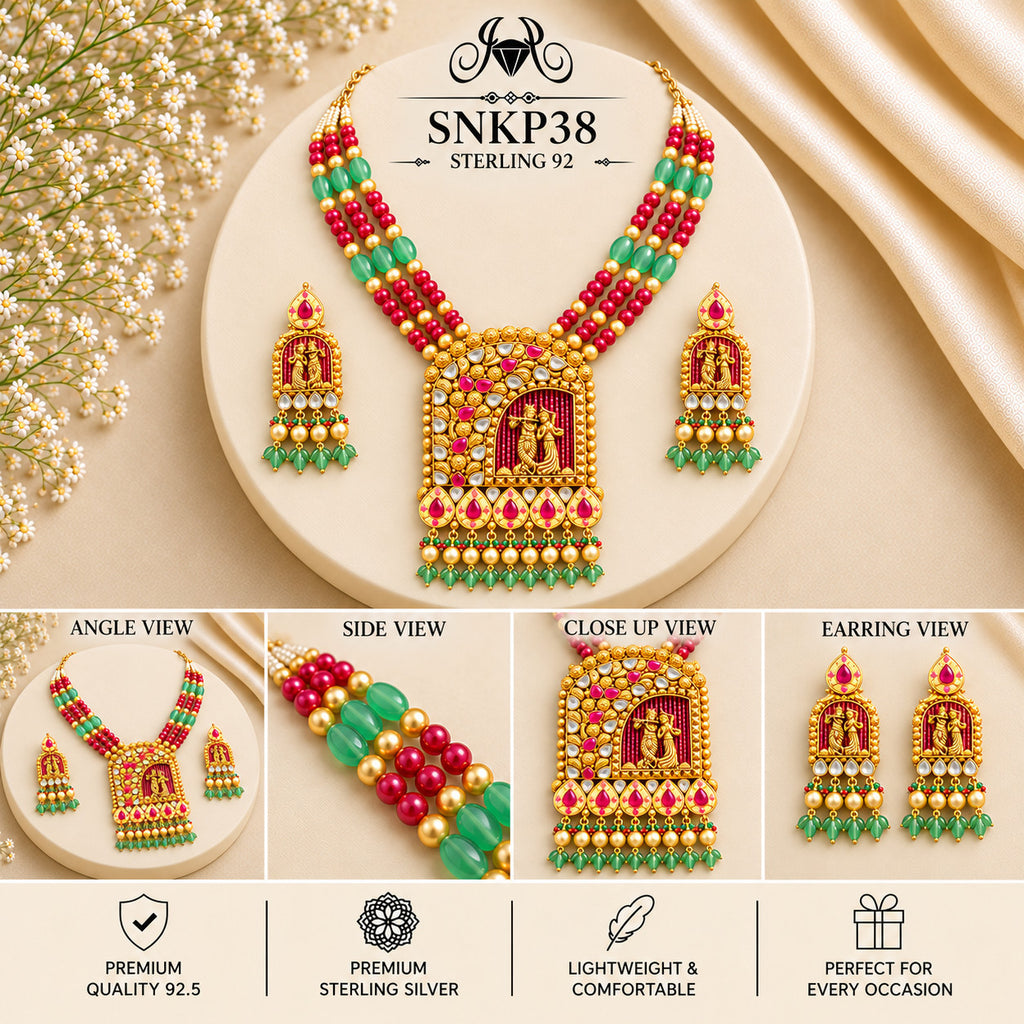 SNKP38 gold polish 92.5 sterling silver necklace set - collage view