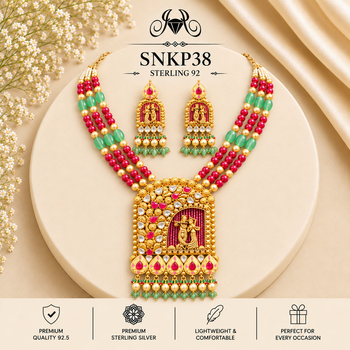 SNKP38 gold polish 92.5 sterling silver necklace set - portrait view