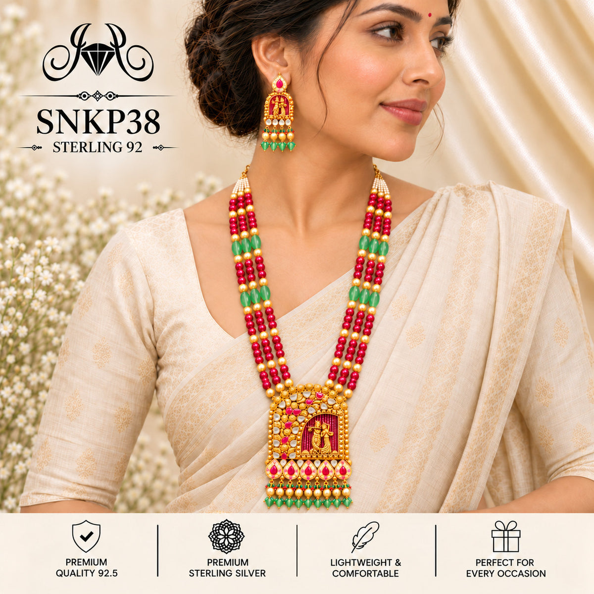 SNKP38 gold polish 92.5 sterling silver necklace set - wearing view