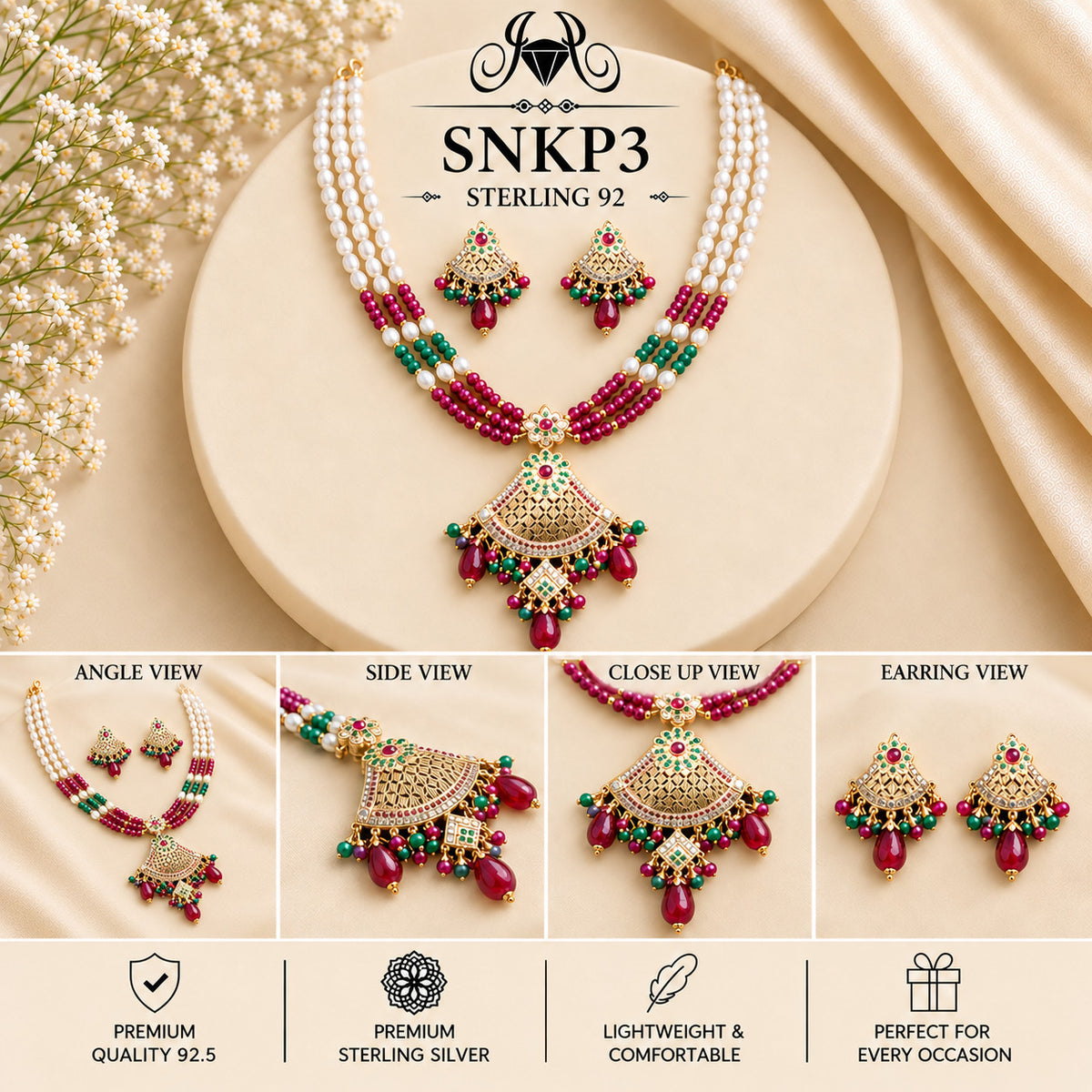 SNKP3 gold polish 92.5 sterling silver necklace set - collage view