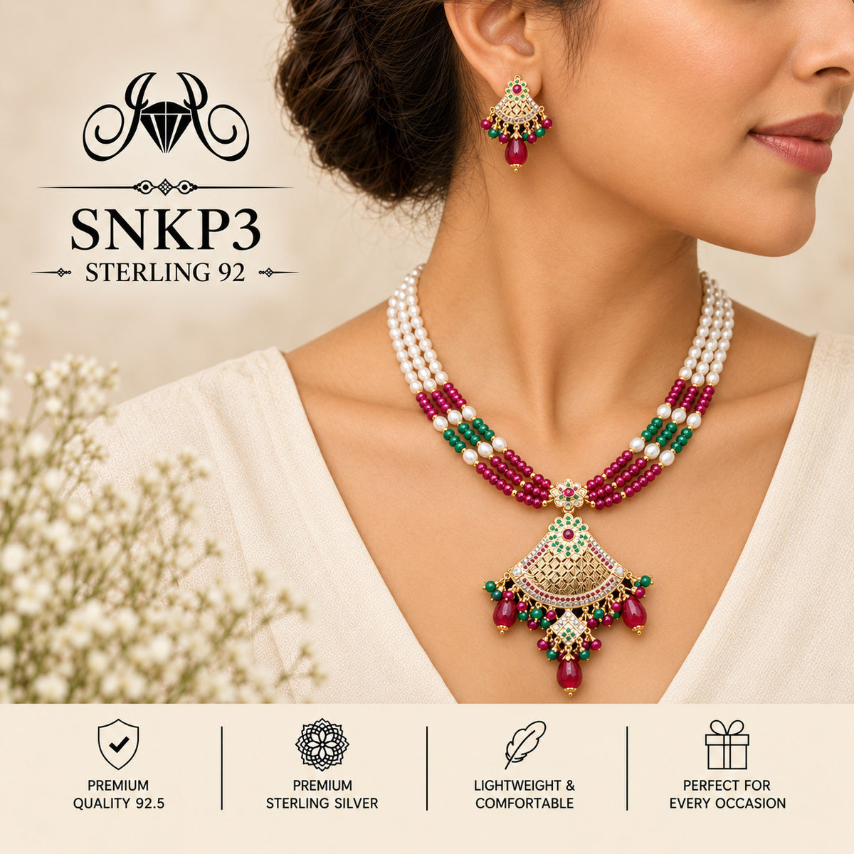SNKP3 gold polish 92.5 sterling silver necklace set - wearing view