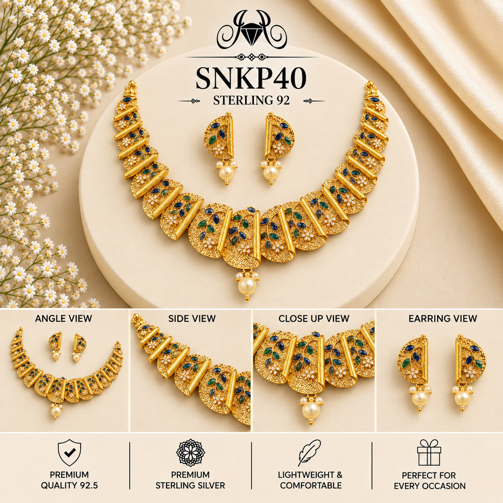 SNKP40 gold polish 92.5 sterling silver necklace set - collage view