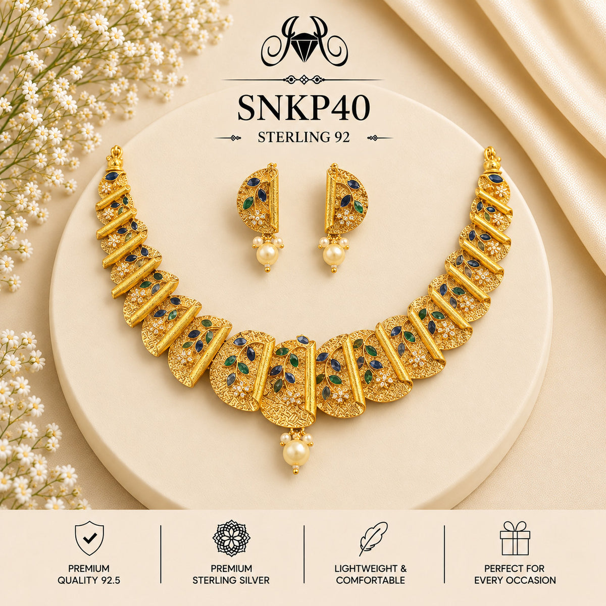 SNKP40 gold polish 92.5 sterling silver necklace set - portrait view