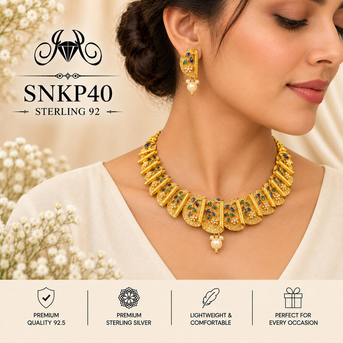 SNKP40 gold polish 92.5 sterling silver necklace set - wearing view