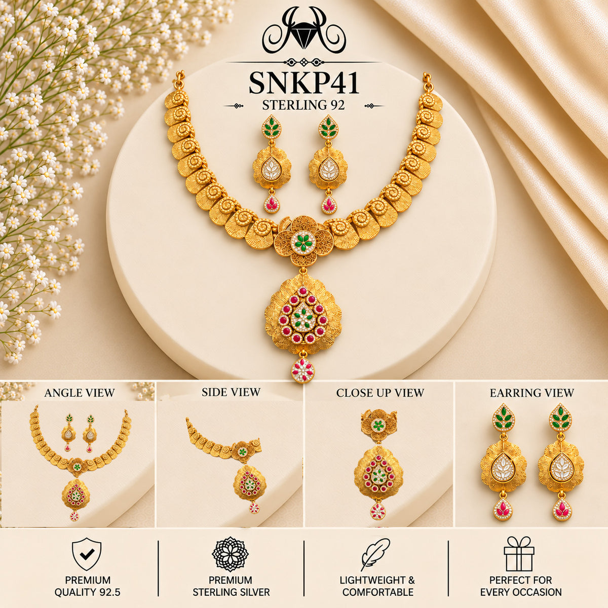 SNKP41 gold polish 92.5 sterling silver necklace set - collage view