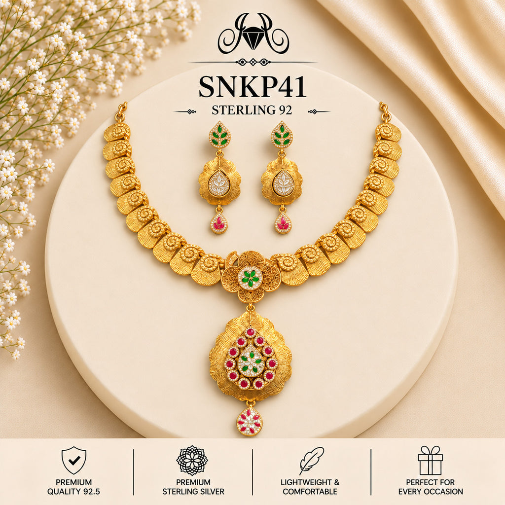 SNKP41 gold polish 92.5 sterling silver necklace set - portrait view
