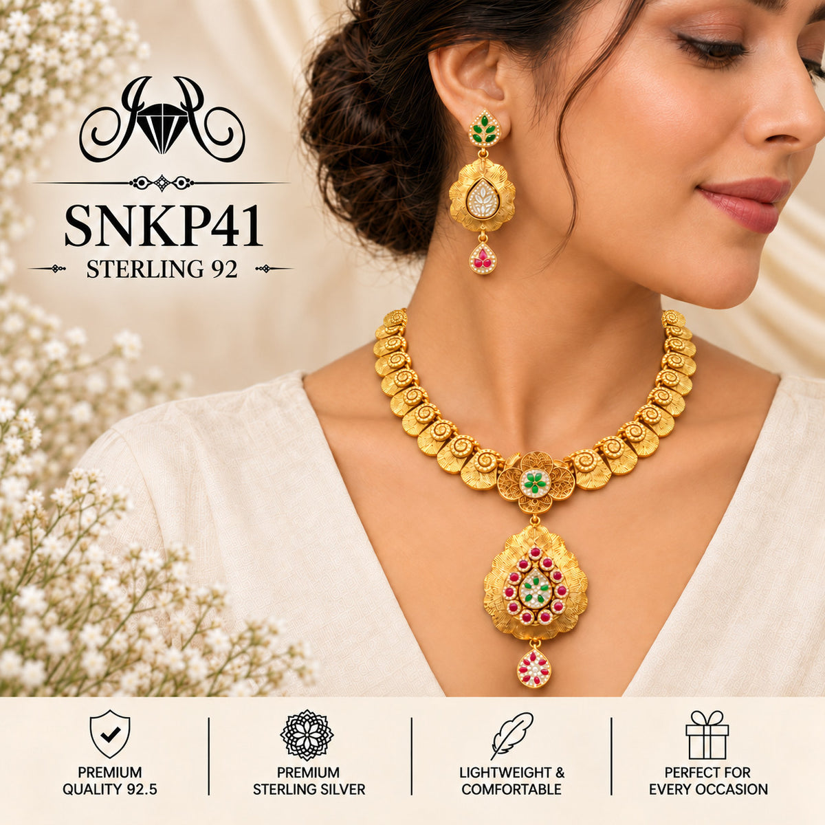 SNKP41 gold polish 92.5 sterling silver necklace set - wearing view