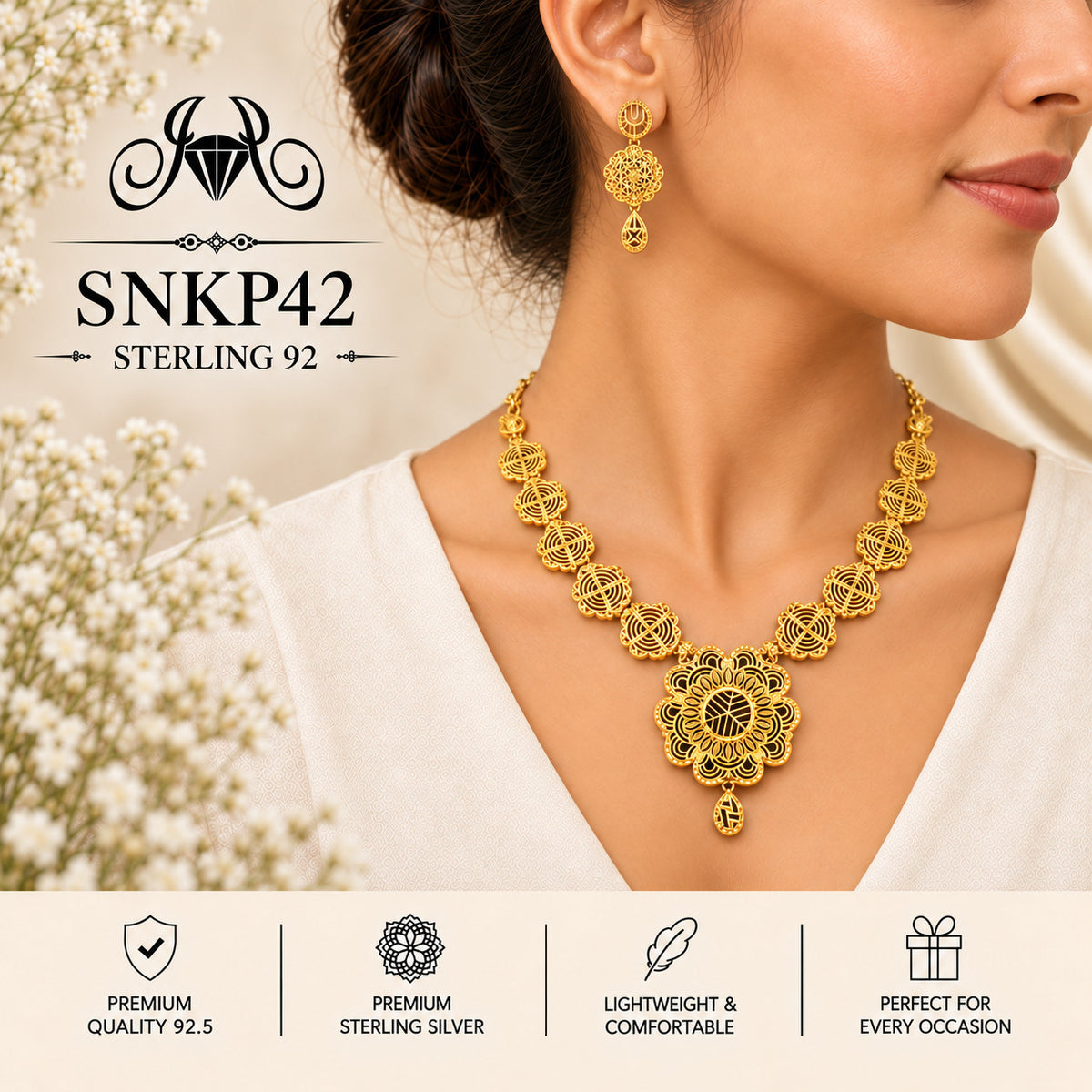 SNKP42 gold polish 92.5 sterling silver necklace set - wearing view