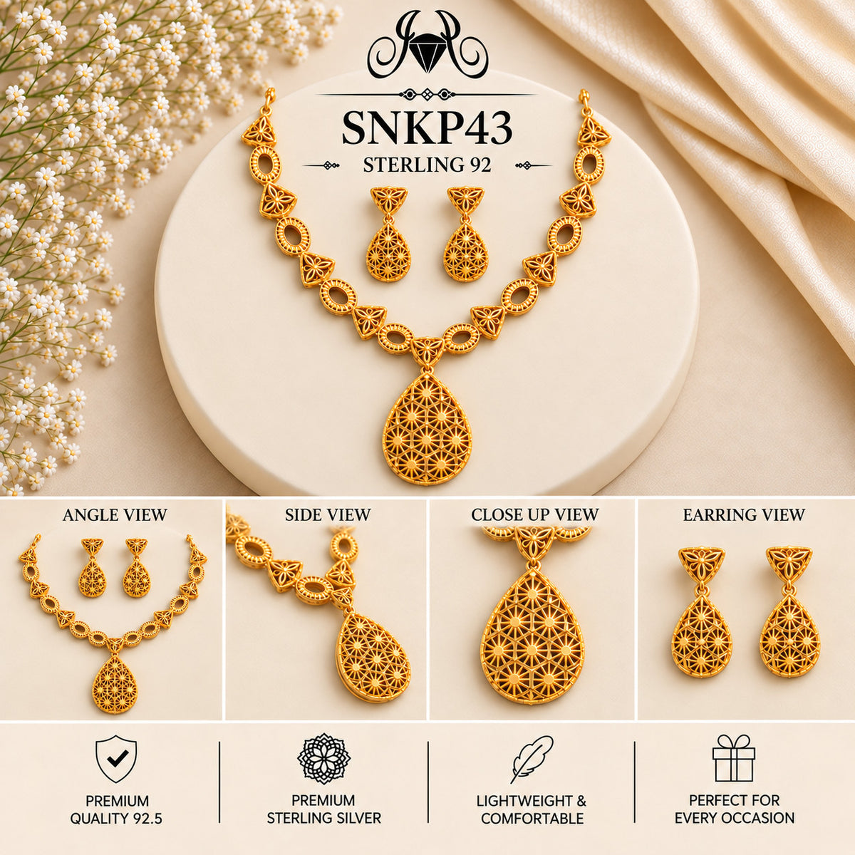 SNKP43 gold polish 92.5 sterling silver necklace set - collage view