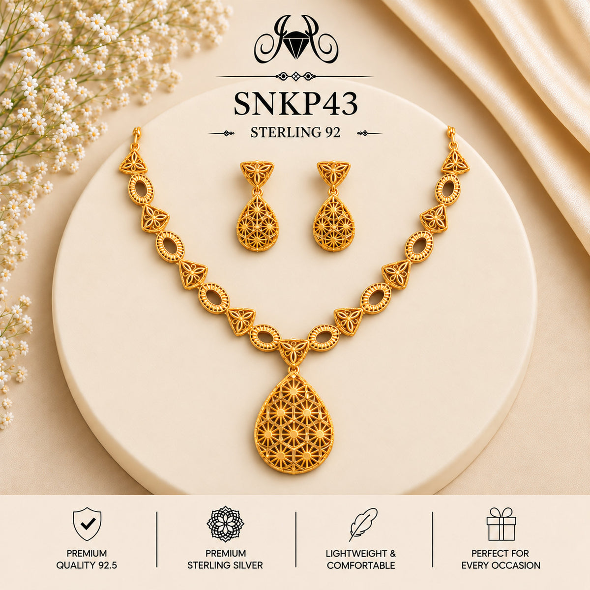 SNKP43 gold polish 92.5 sterling silver necklace set - portrait view