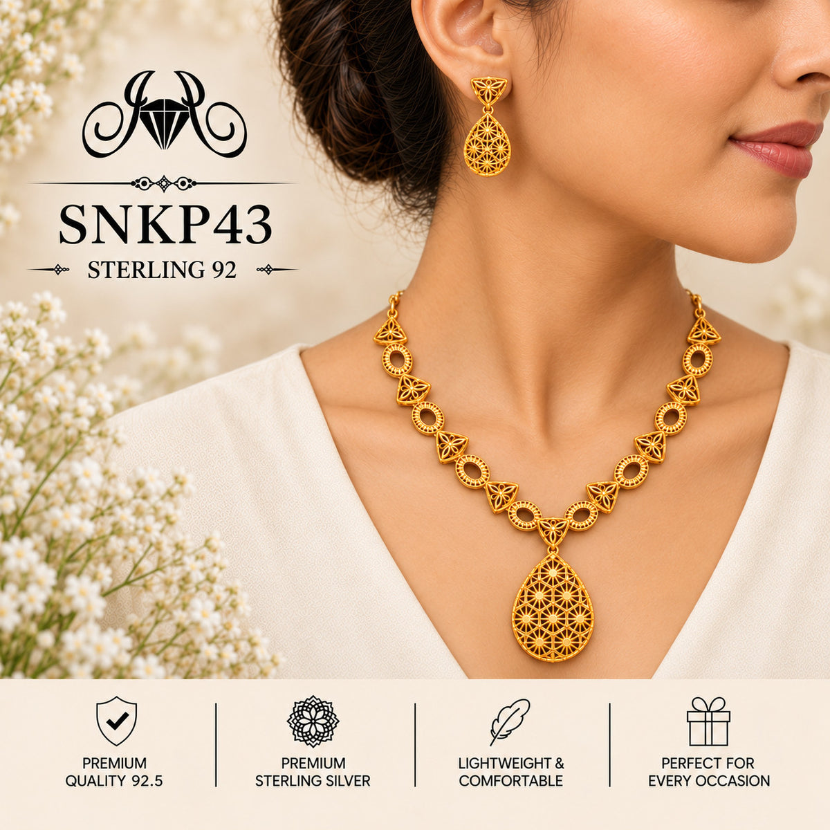 SNKP43 gold polish 92.5 sterling silver necklace set - wearing view