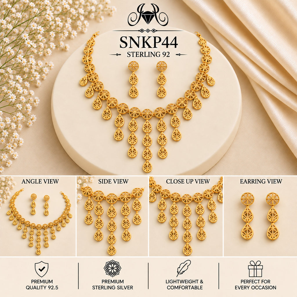 SNKP44 gold polish 92.5 sterling silver necklace set - collage view