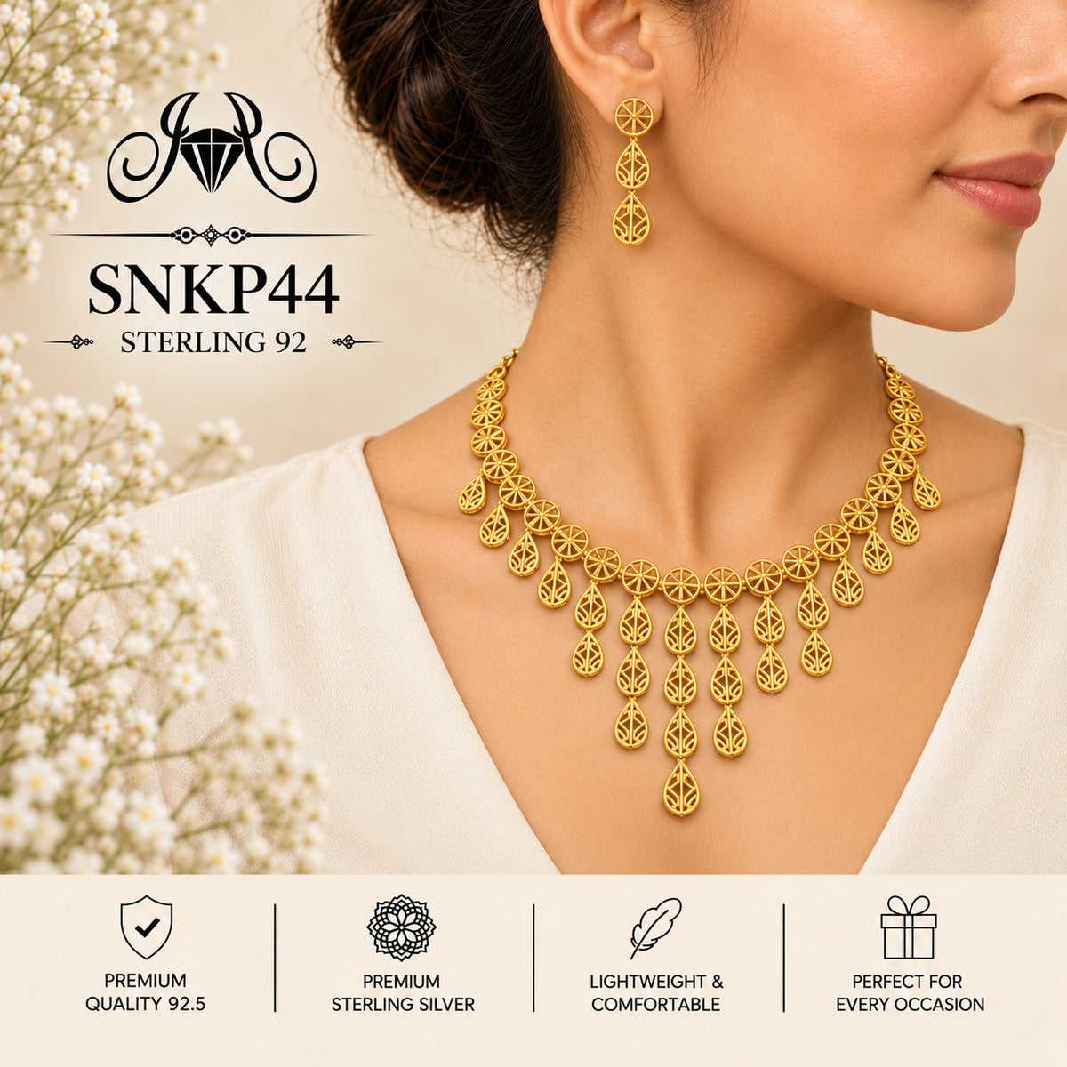SNKP44 gold polish 92.5 sterling silver necklace set - wearing view
