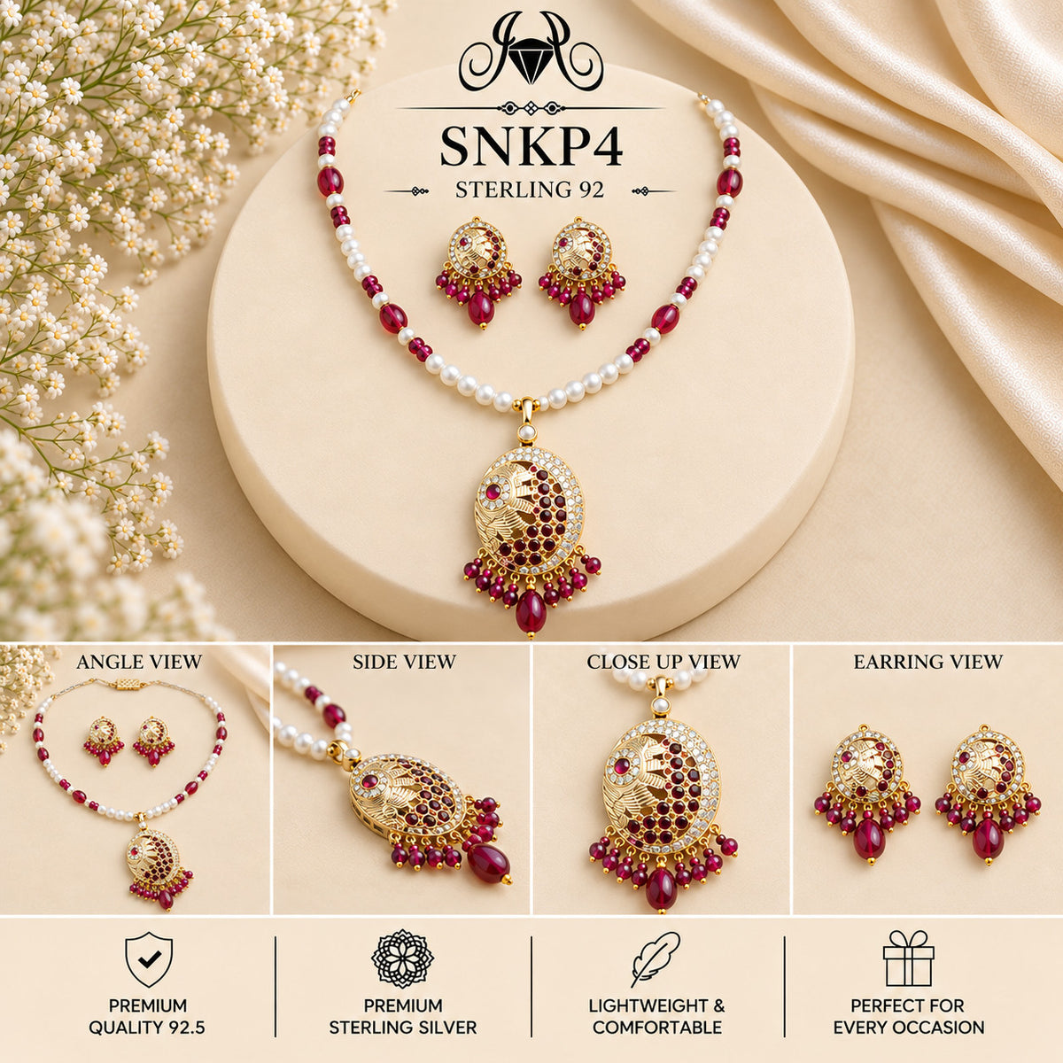 SNKP4 gold polish 92.5 sterling silver necklace set - collage view