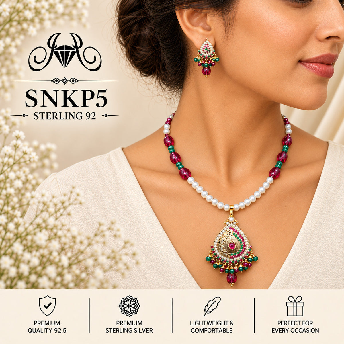 SNKP5 gold polish 92.5 sterling silver necklace set - wearing view