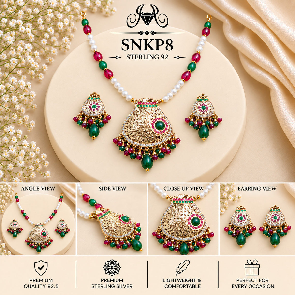 SNKP8 gold polish 92.5 sterling silver necklace set - collage view