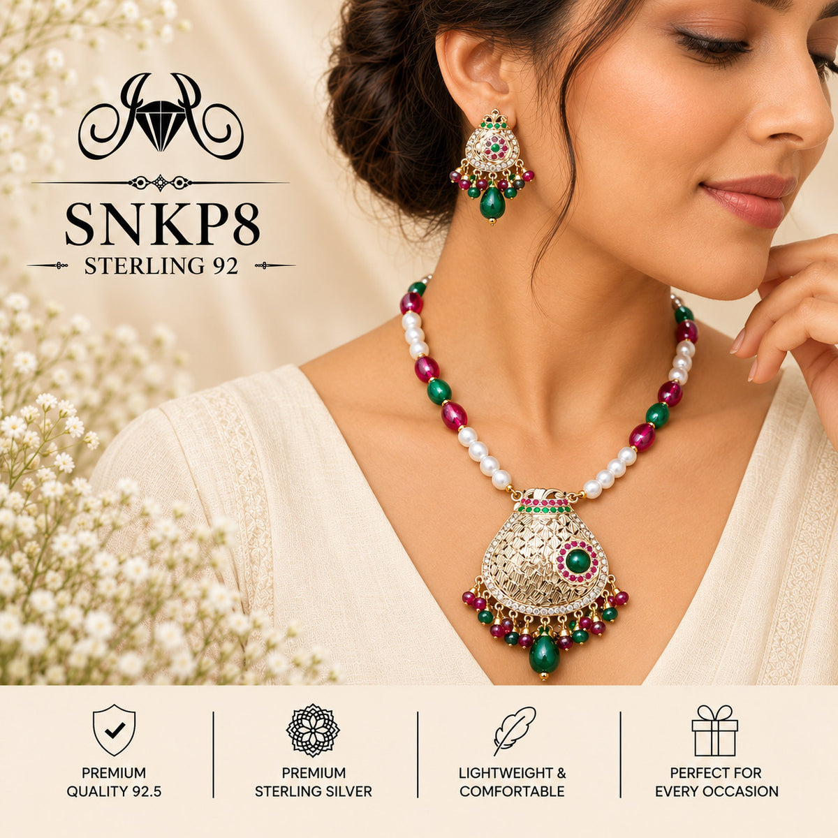 SNKP8 gold polish 92.5 sterling silver necklace set - wearing view