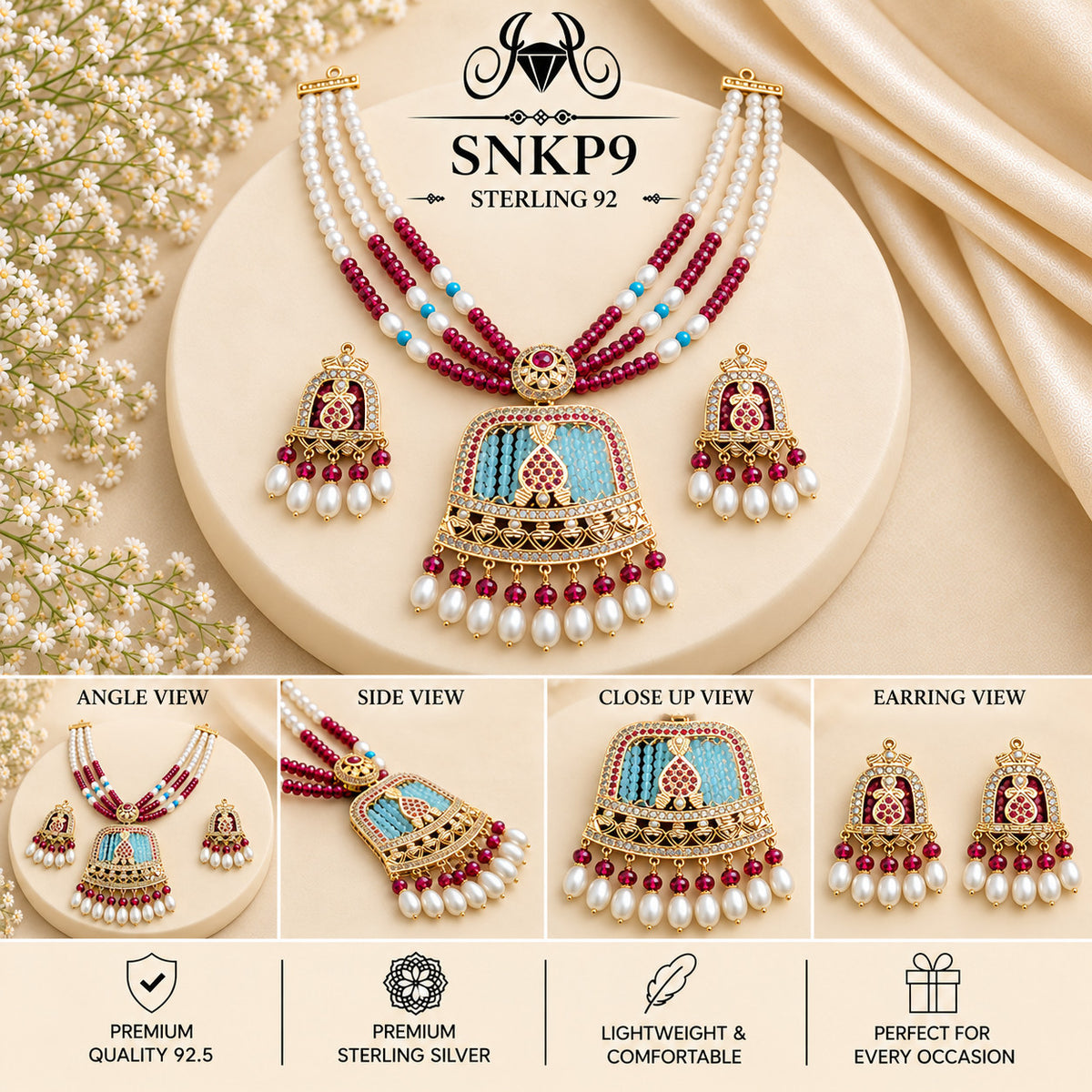 SNKP9 gold polish 92.5 sterling silver necklace set - collage view