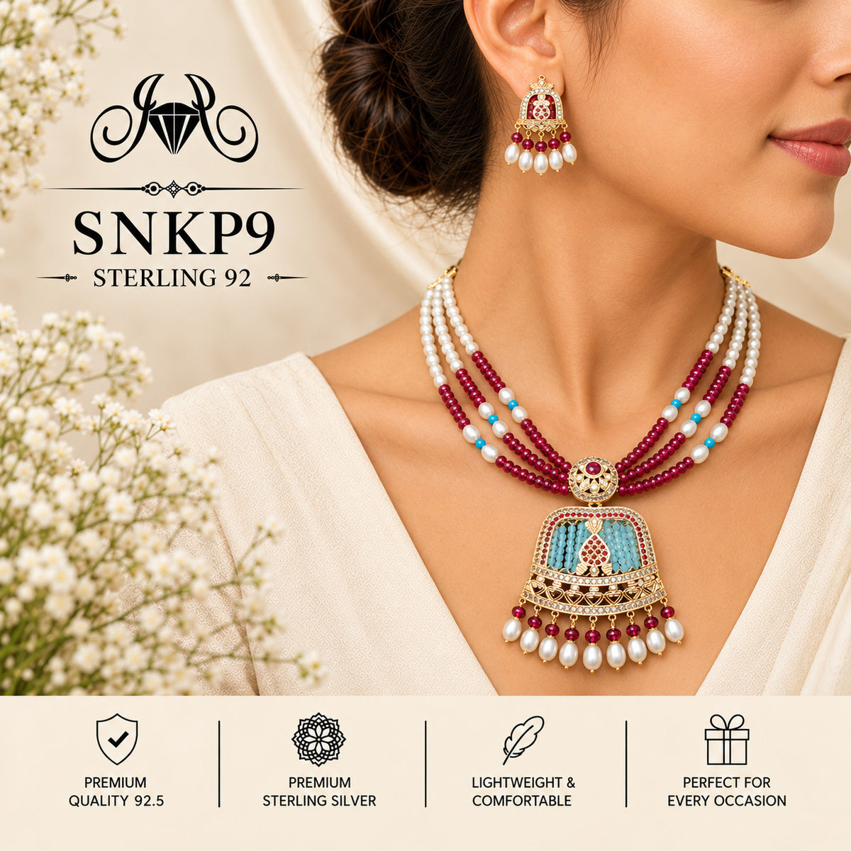 SNKP9 gold polish 92.5 sterling silver necklace set - wearing view