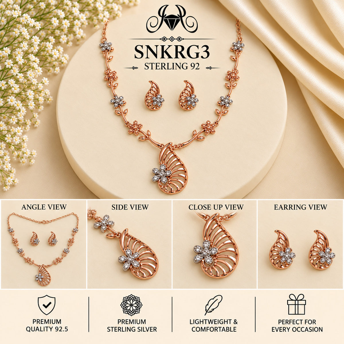 SNKRG3 rose gold polish 92.5 sterling silver necklace set - collage view
