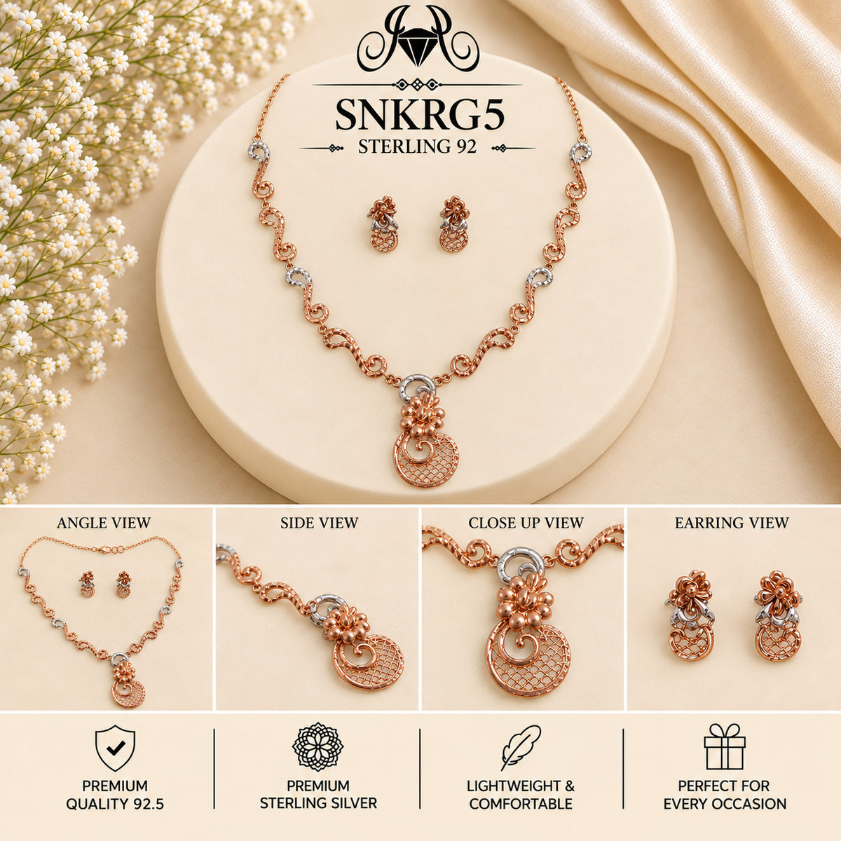 SNKRG5 rose gold polish 92.5 sterling silver necklace set - collage view