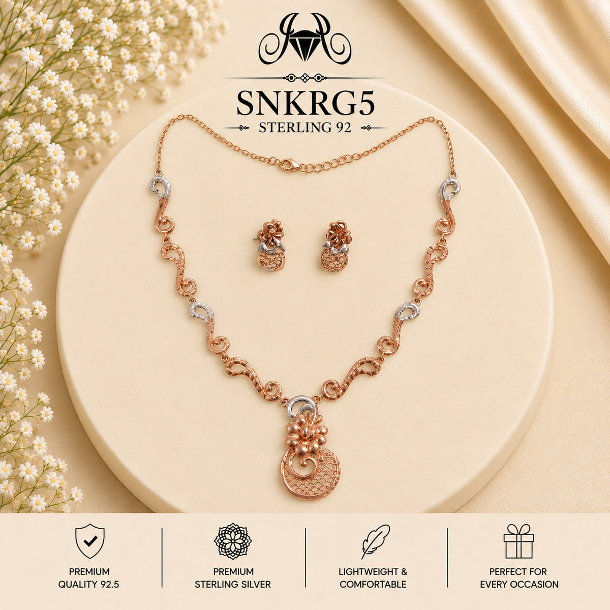 SNKRG5 rose gold polish 92.5 sterling silver necklace set - portrait view