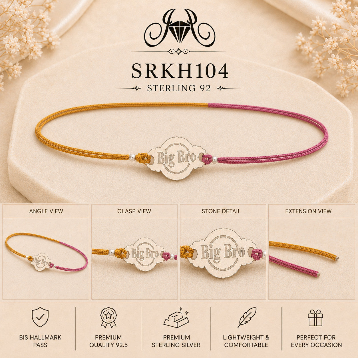 SRKH104 premium sterling silver Rakhi detail views