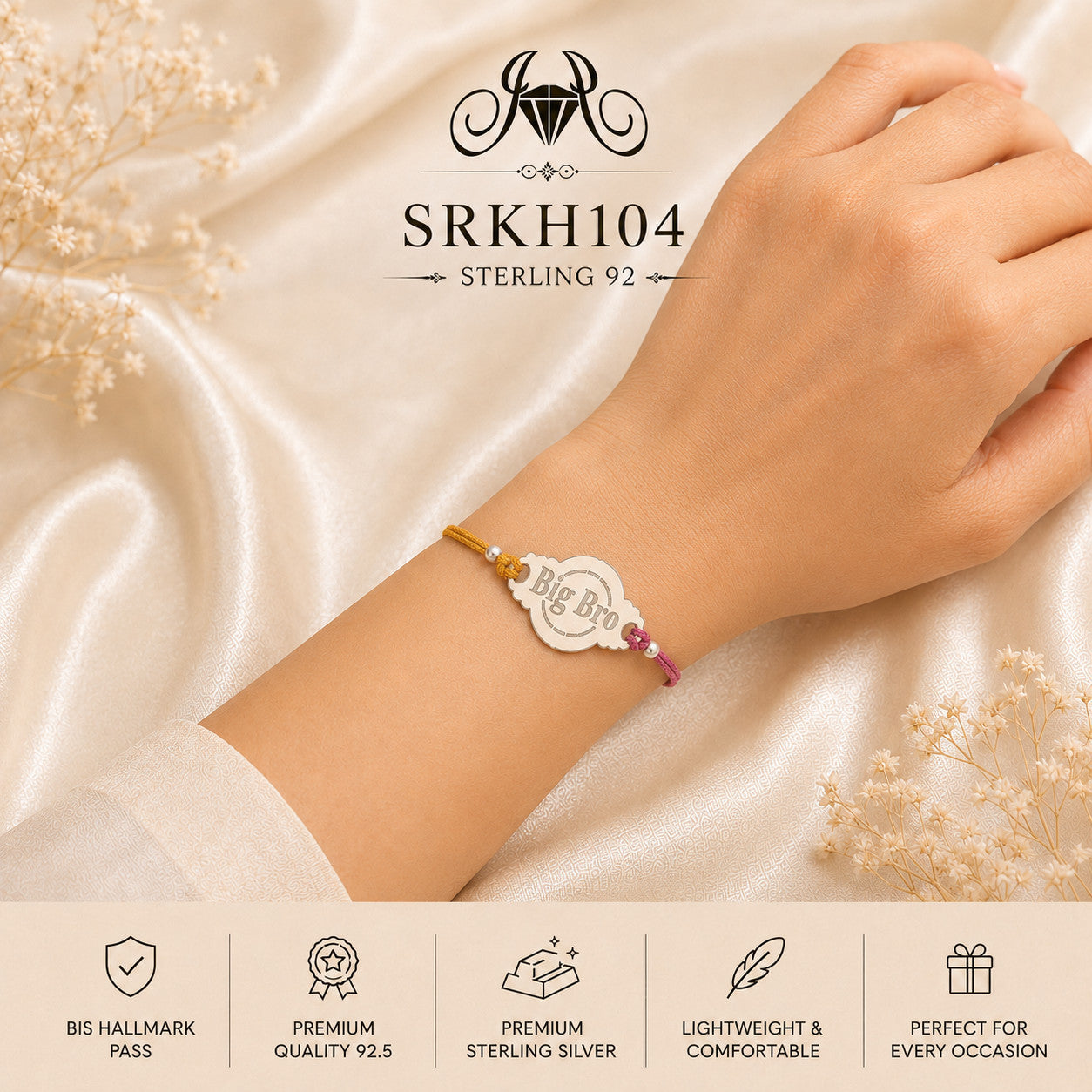 SRKH104 premium sterling silver Rakhi worn on wrist